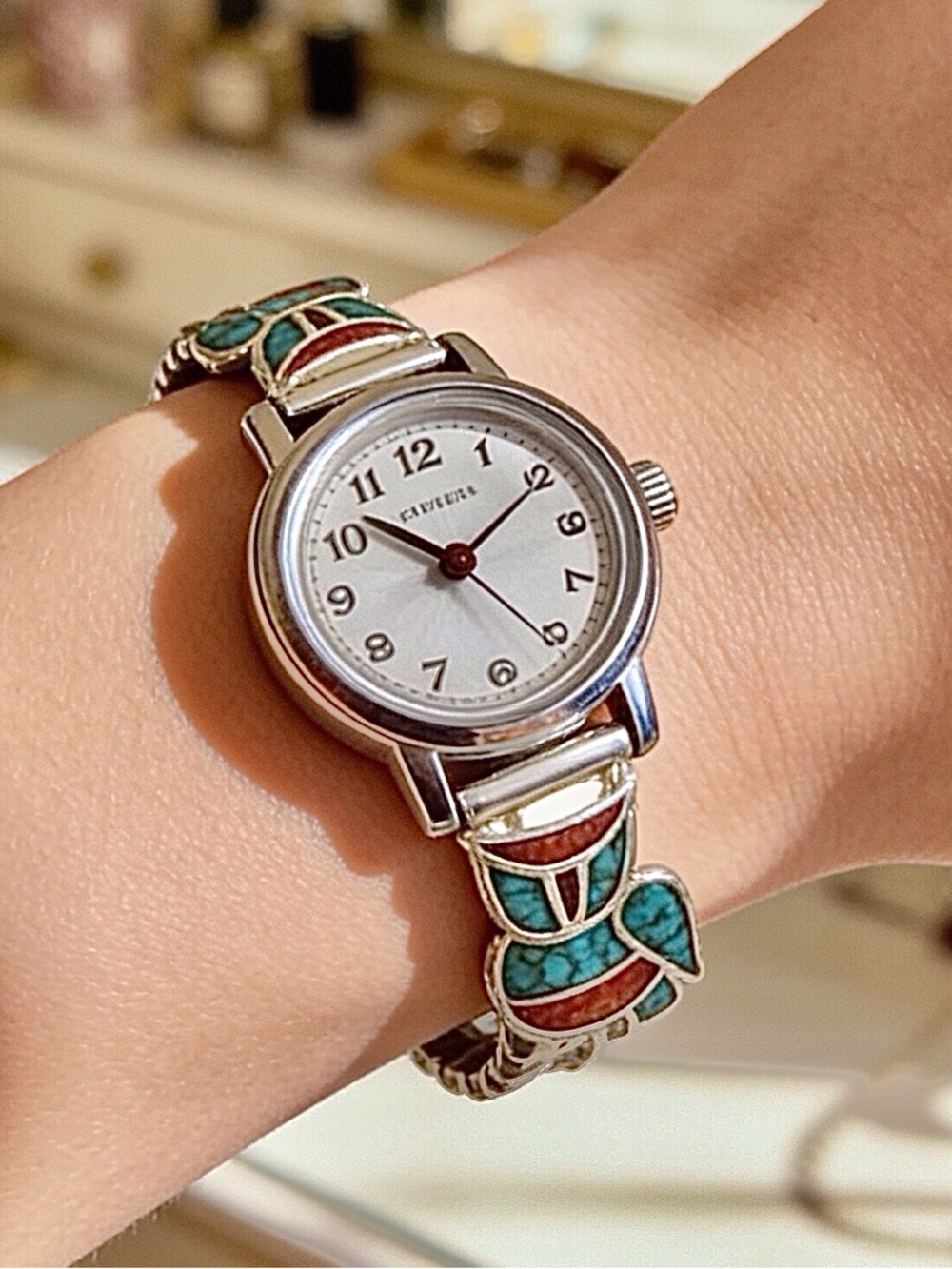 Sterling Silver Navajo Turquoise/Coral Inlay Owl Tips Women's Citizen Watch
